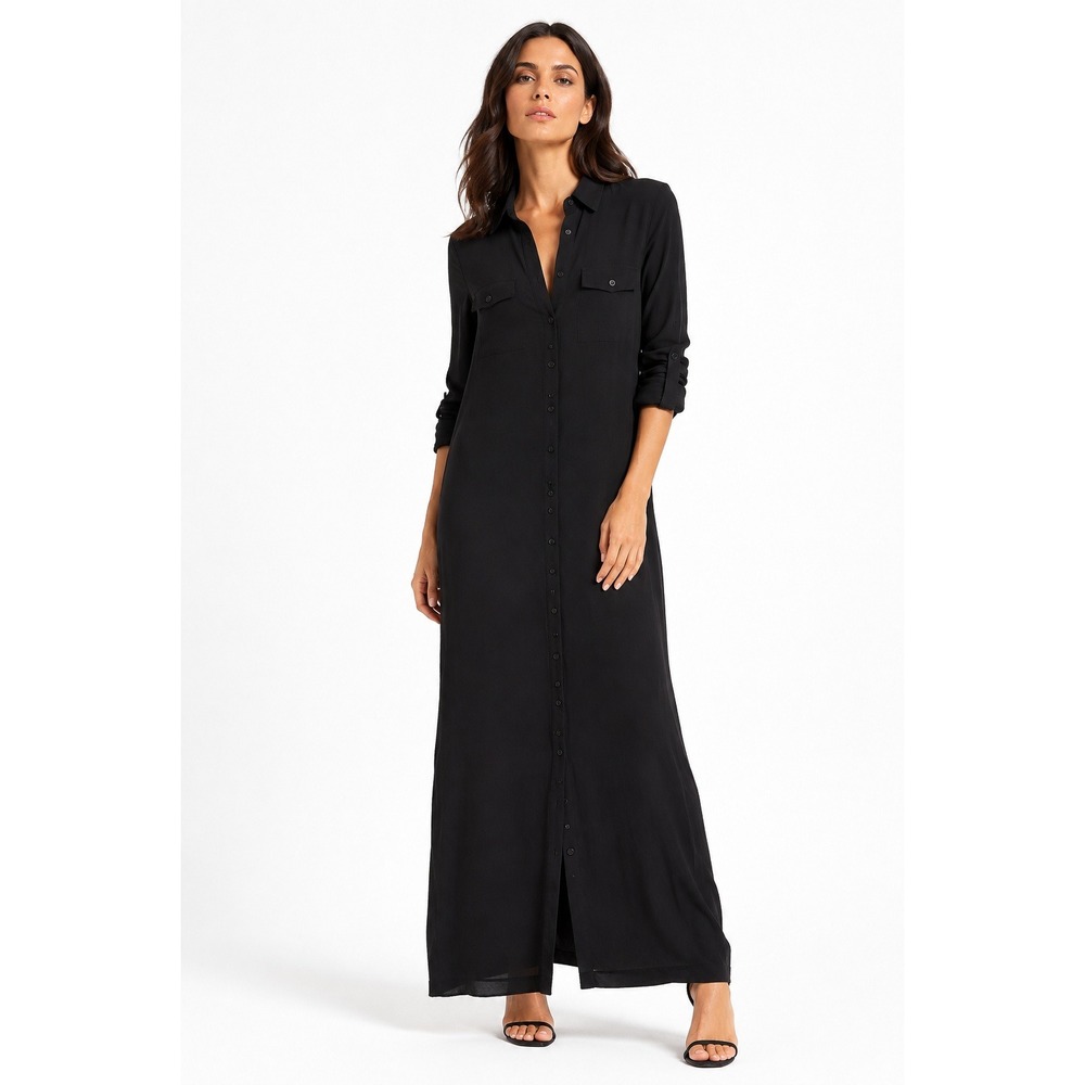 Guess by Marciano Black 100% Silk Maxi Shirt Dress Long Sleeve Size Small